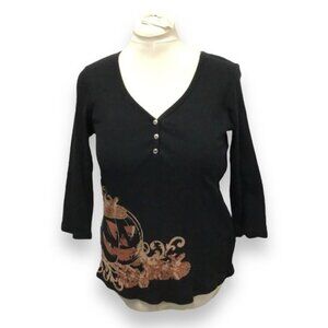 One World Women’s 3/4 Sleeve Graphic Pumpkin Henley T-Shirt w Sequins, size 1X